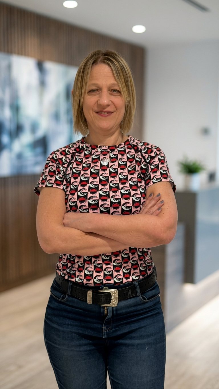 Lic. Laura Rabinovich, psicóloga clínica, de pie y sonriendo en la recepción de su consultorio